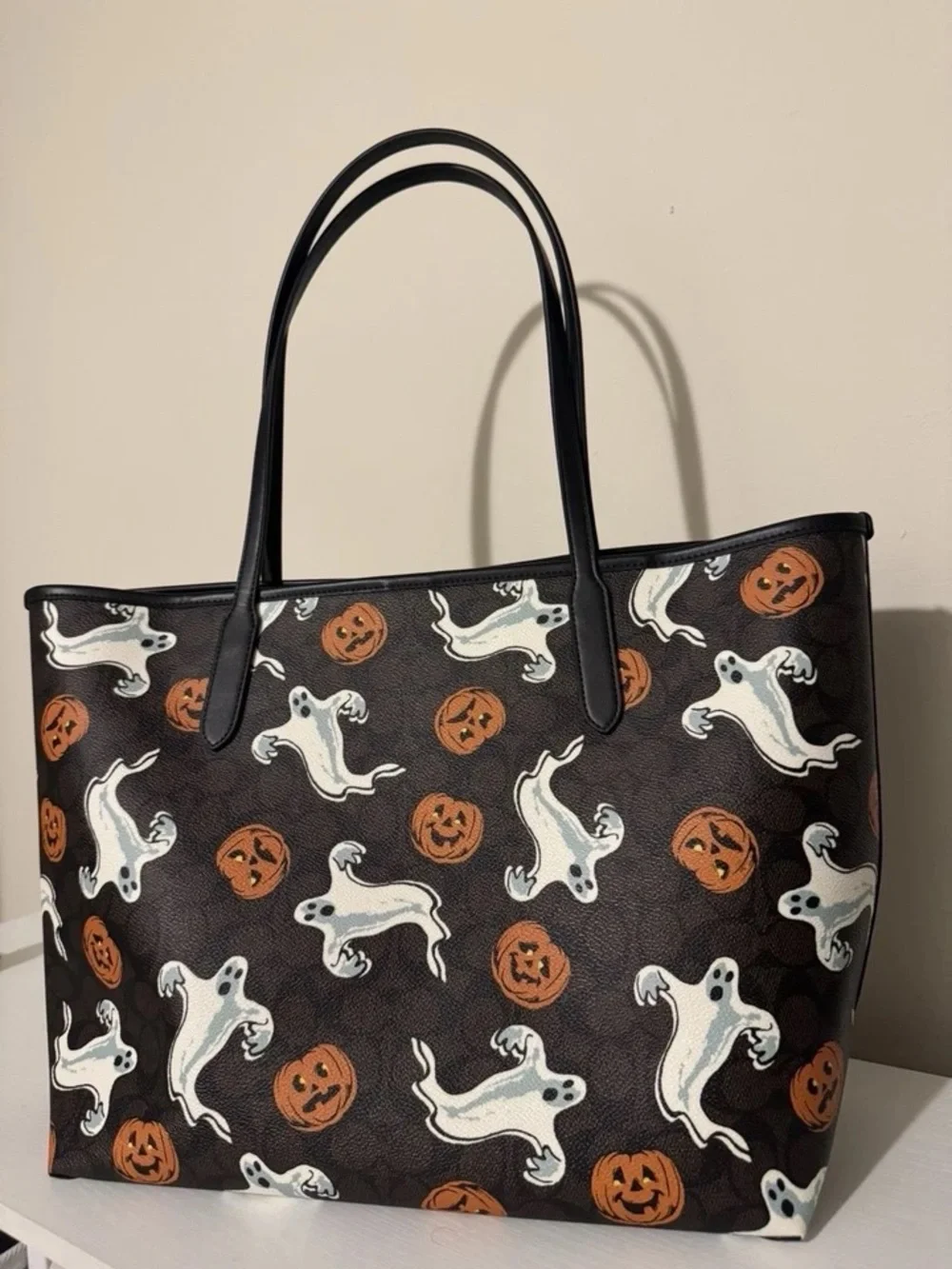 Halloween Ghost & Pumpkin Tote Bag in Black and White - Picture 1 of 4